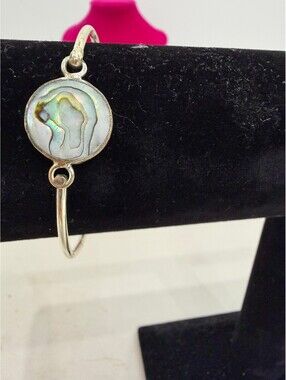 Vintage Silver Bangle Bracelet with Abalone Shell Inlay